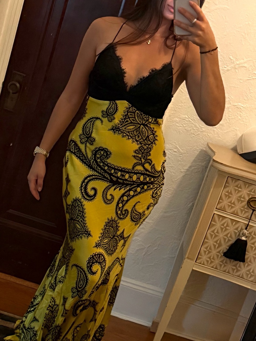 Mary L Couture Yellow and Black Paisley Lace Slip Dress